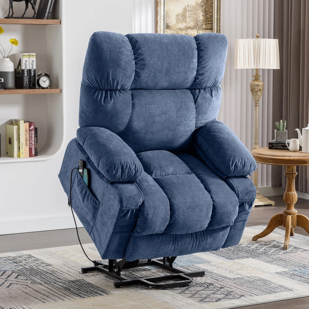 Fauteuil inclinable électrique bleu avec chauffage, massage, chargement USB, poches latérales et télécommande