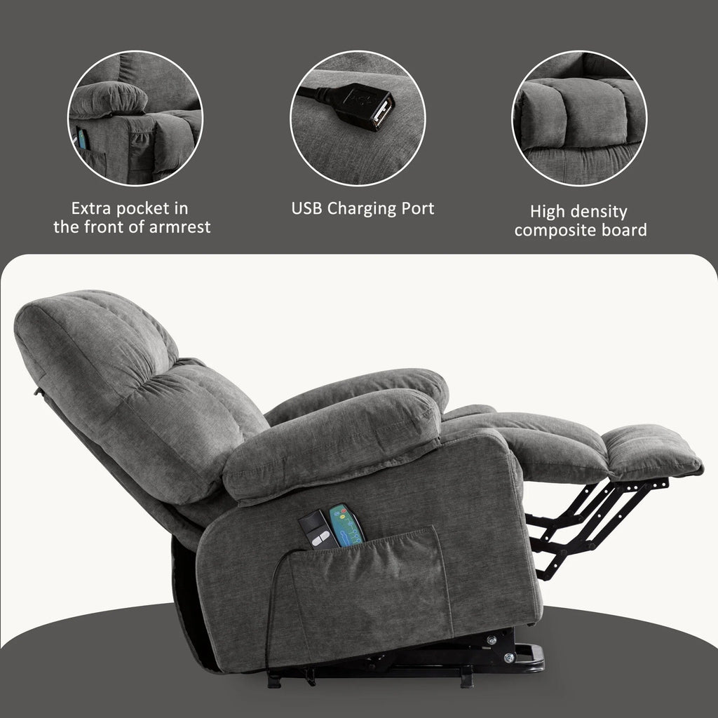 Fauteuil inclinable électrique bleu avec chauffage, massage, chargement USB, poches latérales et télécommande