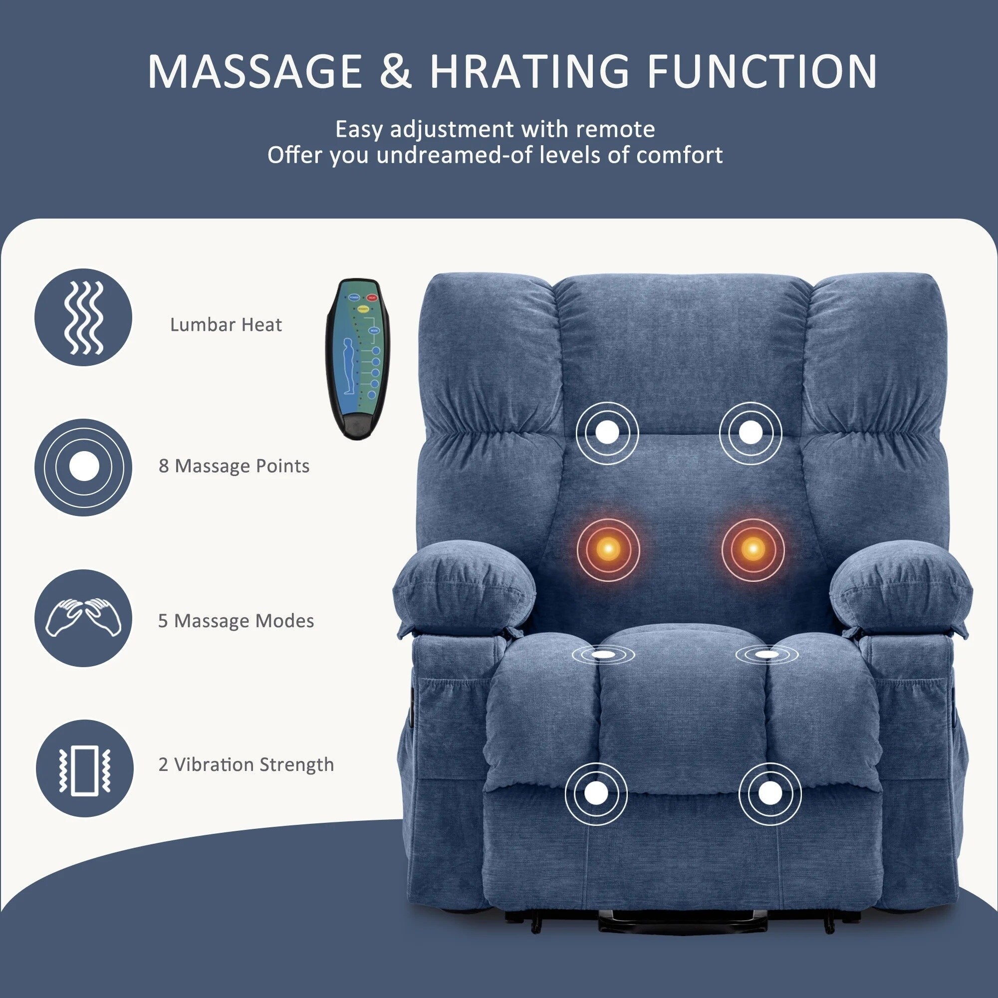 Fauteuil inclinable électrique bleu avec chauffage, massage, port USB et télécommande