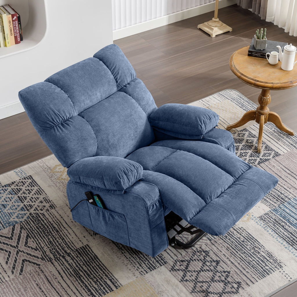 Fauteuil inclinable électrique bleu avec chauffage, massage, port USB et télécommande