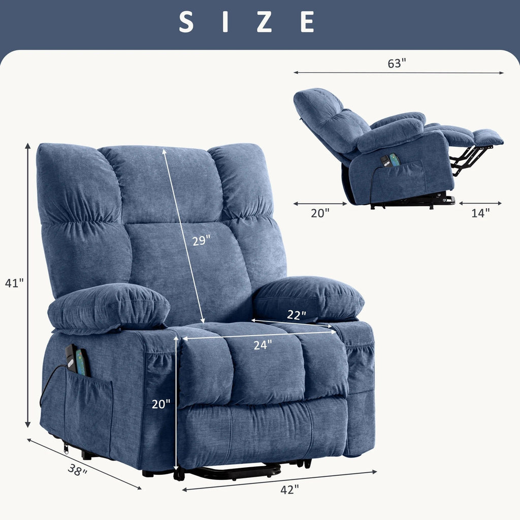Fauteuil inclinable électrique bleu avec chauffage, massage, port USB et télécommande