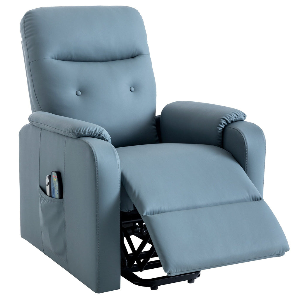 Fauteuil inclinable électrique bleu avec massage, chauffage, positions réglables et poche latérale pour plus de commodité