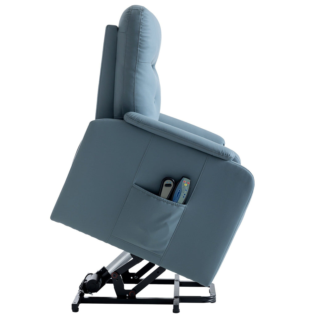 Fauteuil inclinable électrique bleu avec massage, chauffage, positions réglables et poche latérale pour plus de commodité