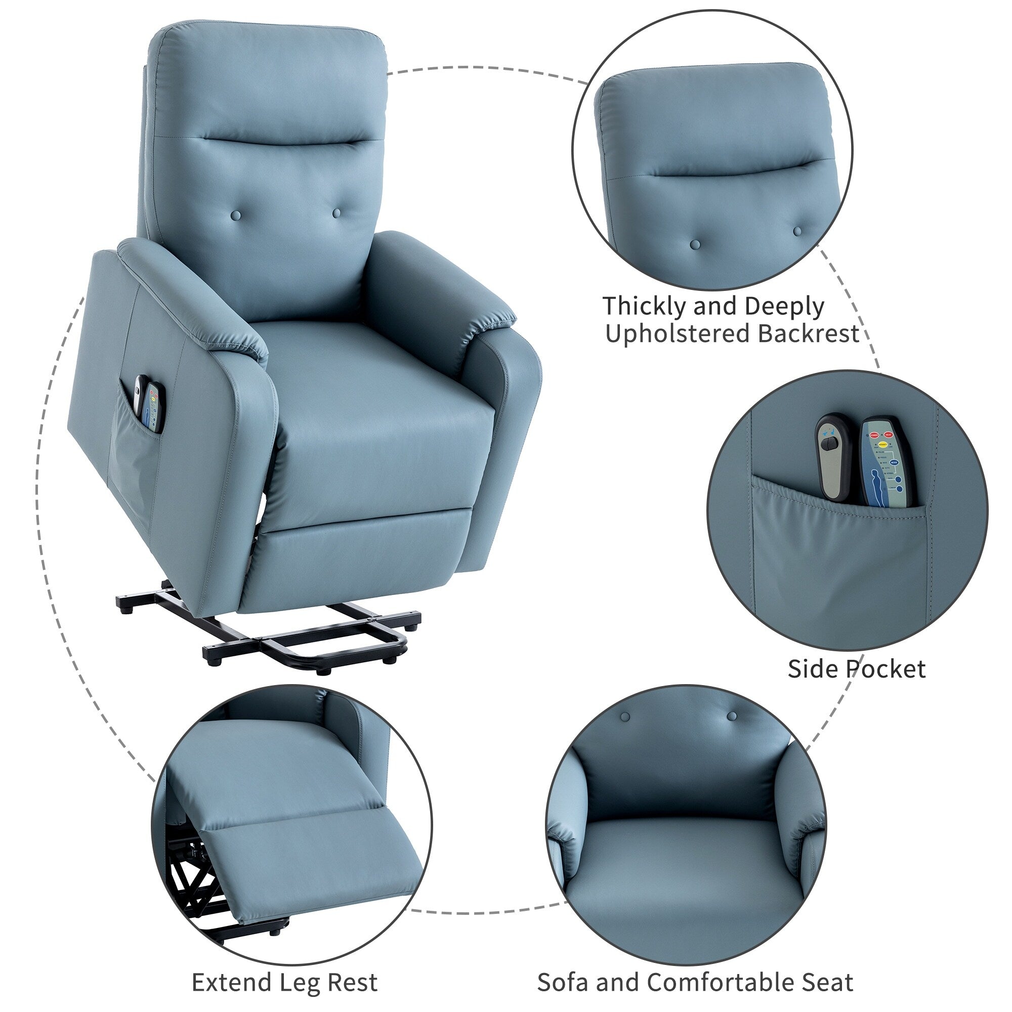 Fauteuil inclinable électrique bleu avec massage, fonction chauffante, réglages réglables et poche latérale pratique