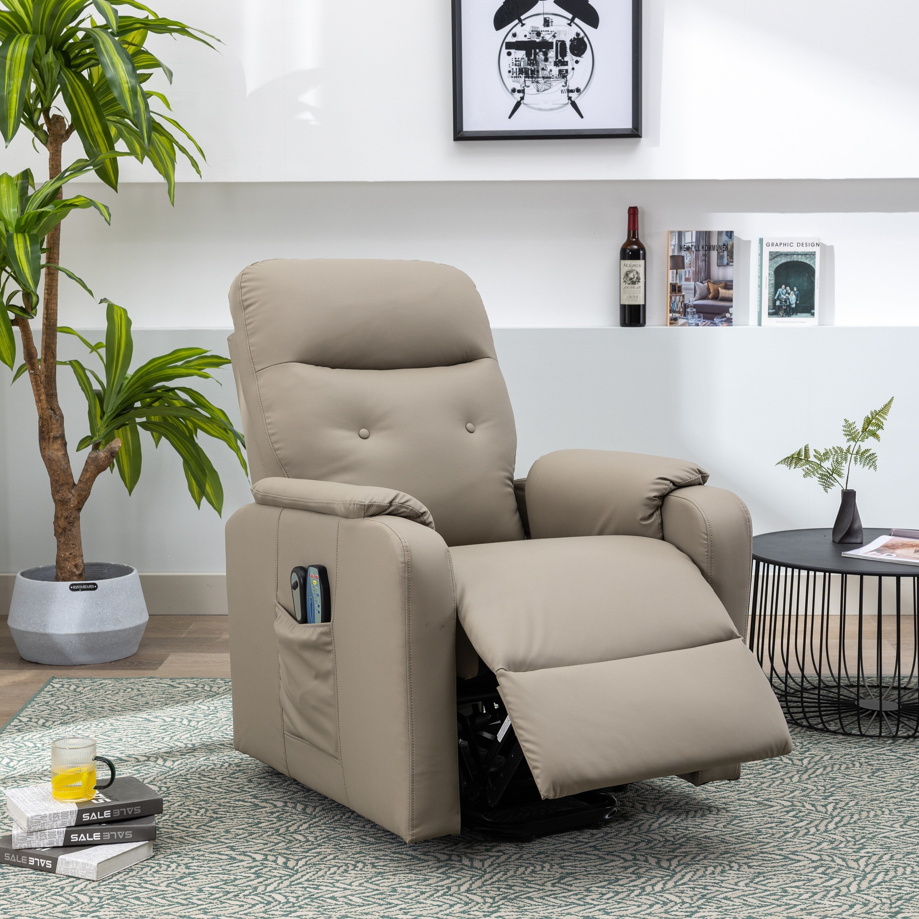 Fauteuil inclinable électrique bleu avec massage, fonction chauffante, réglages réglables et poche latérale pratique