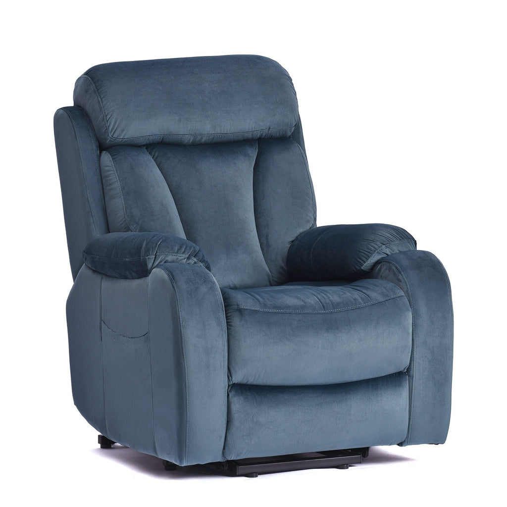 Fauteuil inclinable électrique bleu pour personnes âgées avec télécommande et poche latérale