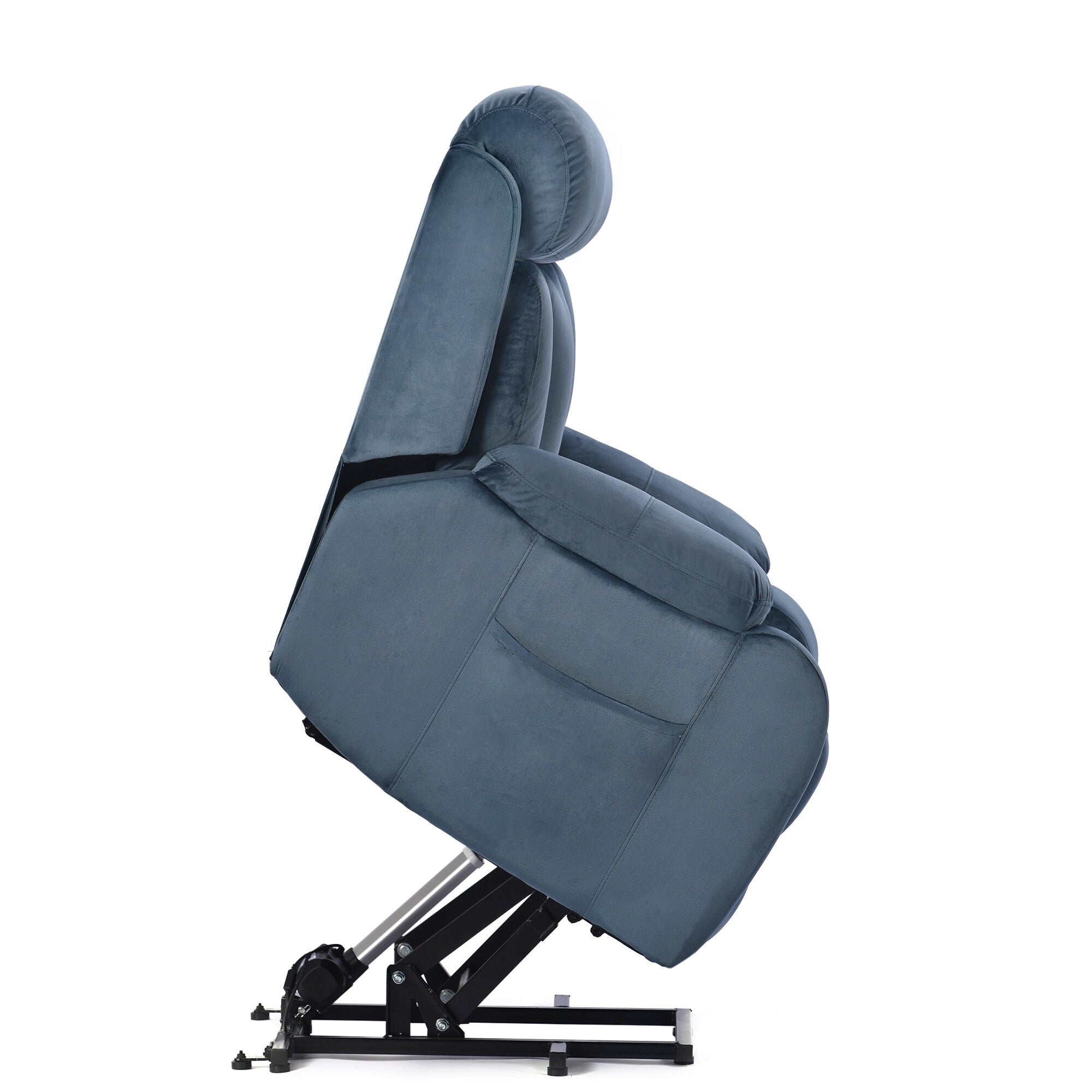 Fauteuil inclinable électrique bleu pour personnes âgées avec télécommande, revêtement antidérapant, coussin rembourré et poche de rangement latérale