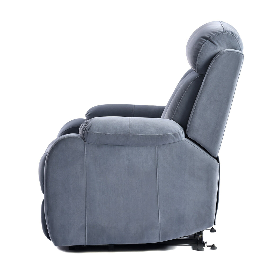 Fauteuil inclinable électrique bleu pour personnes âgées avec télécommande, revêtement antidérapant, coussin rembourré et poche de rangement latérale