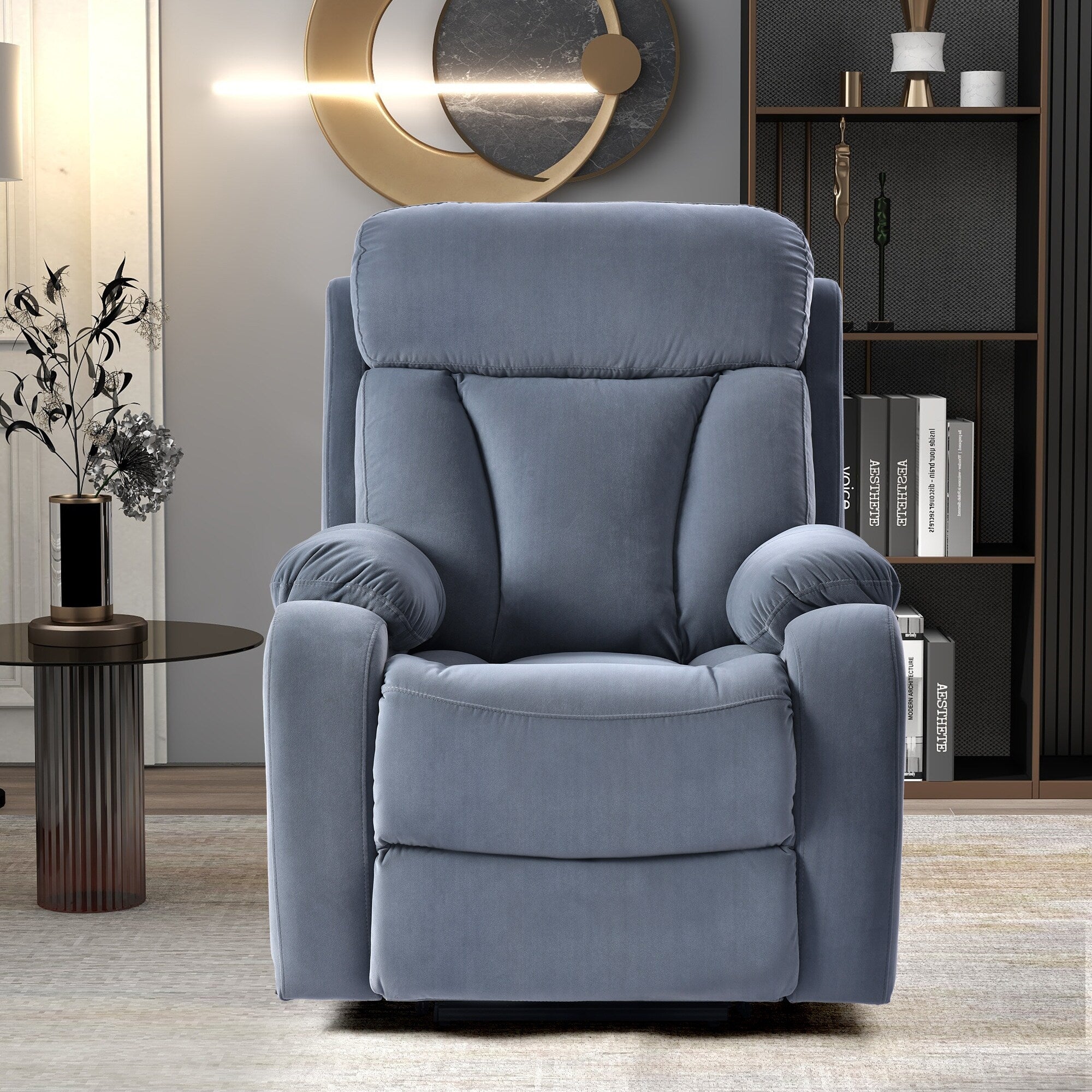 Fauteuil inclinable électrique bleu pour personnes âgées avec télécommande, revêtement antidérapant, coussin rembourré et poche de rangement latérale