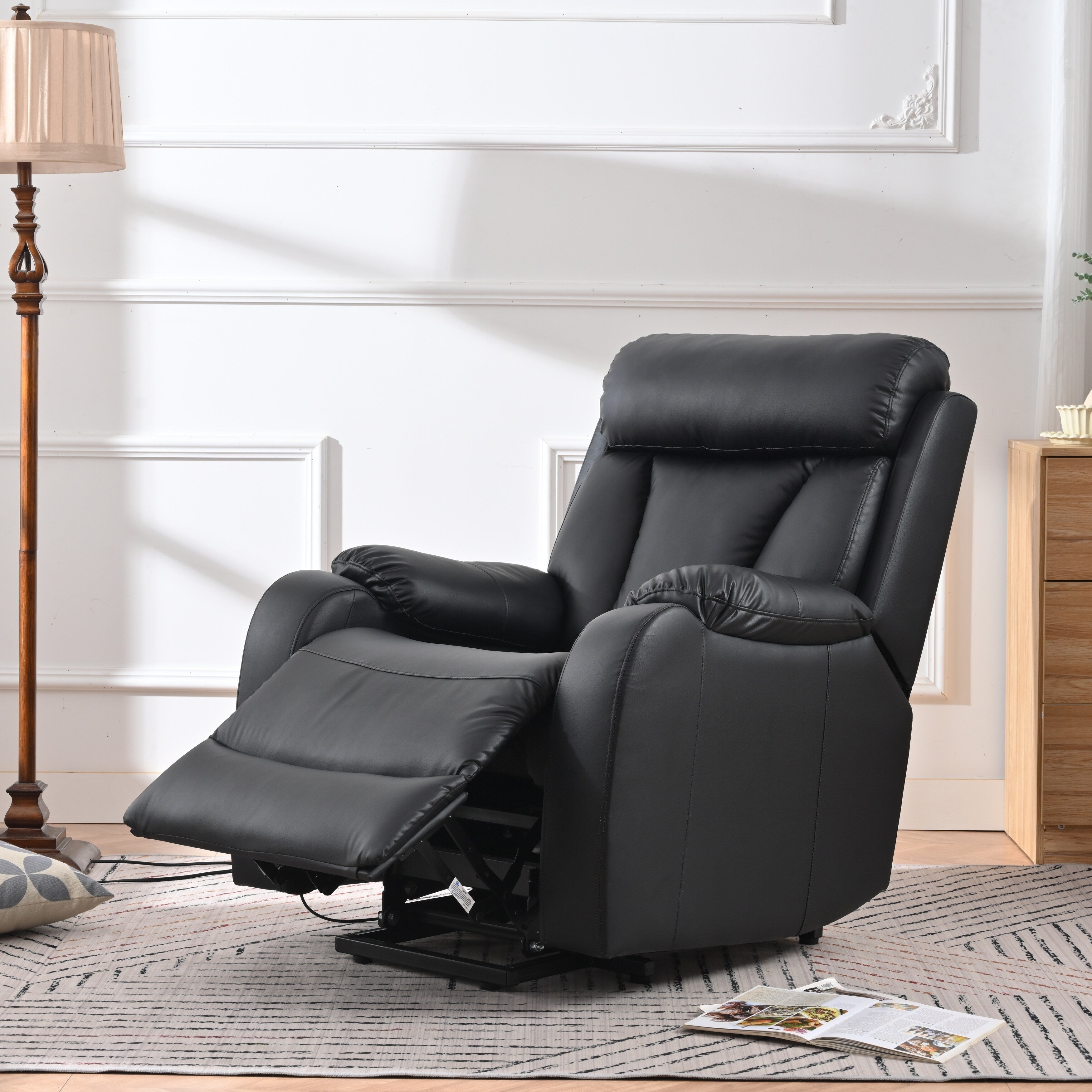 Fauteuil inclinable électrique bleu pour personnes âgées avec télécommande, revêtement antidérapant, coussin rembourré et poche de rangement latérale