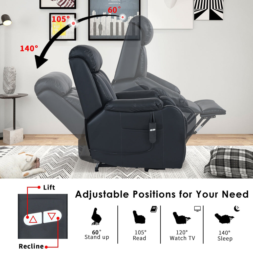 Fauteuil inclinable électrique bleu pour personnes âgées avec télécommande, revêtement antidérapant, coussin rembourré et poche de rangement latérale