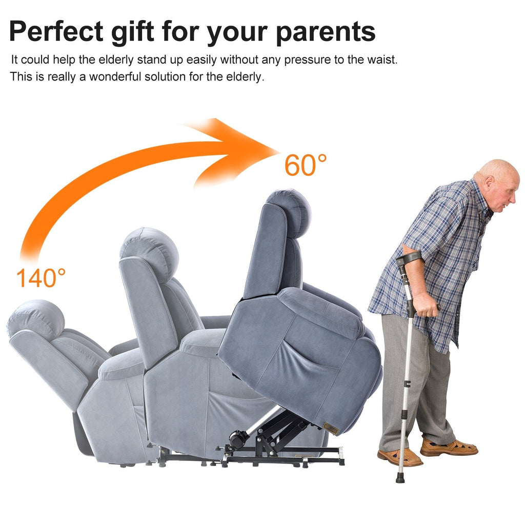 Fauteuil inclinable électrique bleu pour personnes âgées avec télécommande, revêtement antidérapant, coussin rembourré et poche de rangement latérale