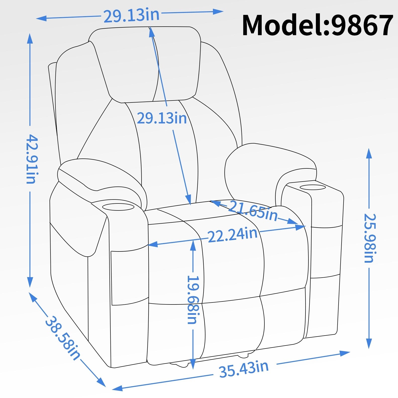 Fauteuil inclinable électrique bleu avec massage 8 points, chauffage lombaire, deux ports USB et porte-gobelets en acier inoxydable