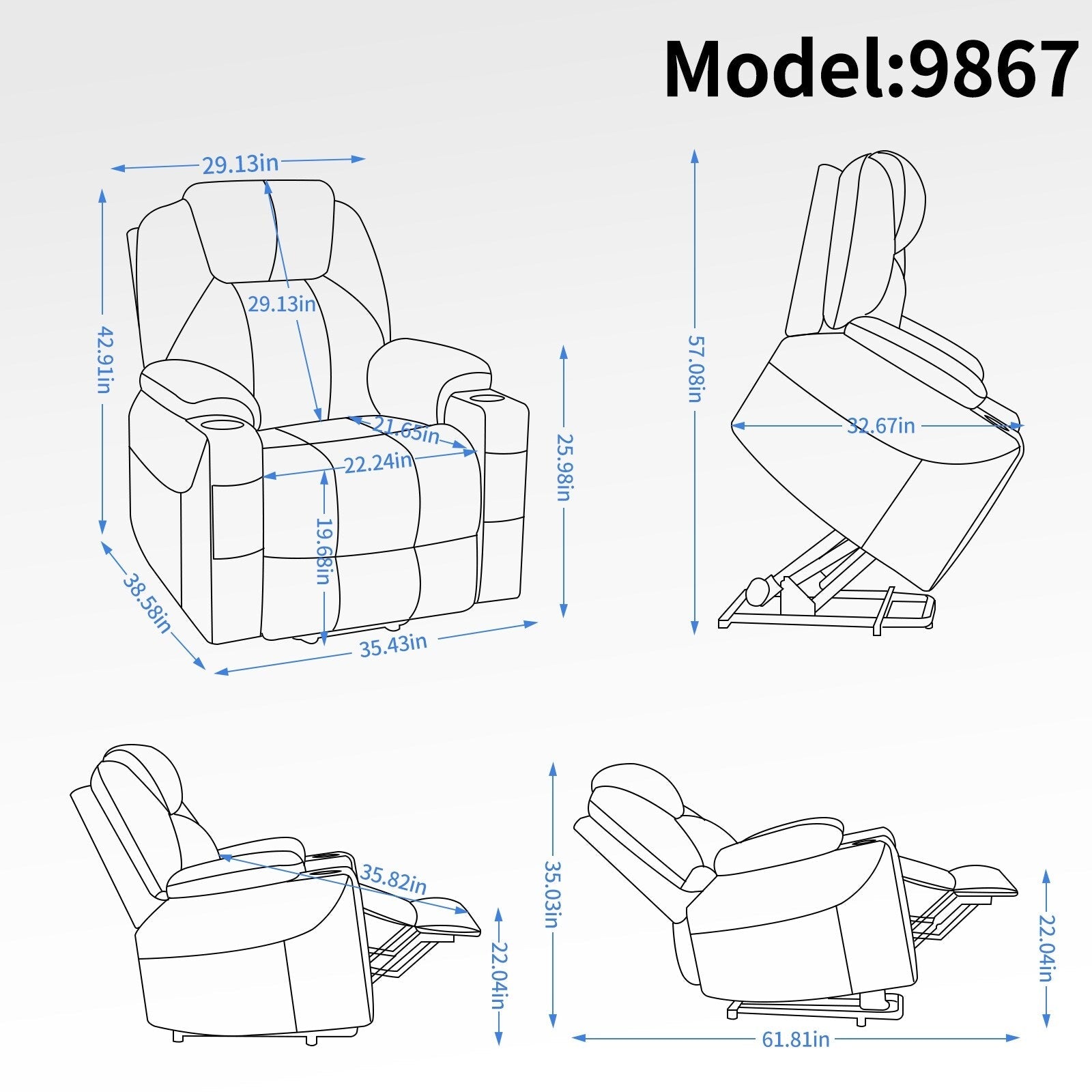 Fauteuil inclinable électrique bleu avec massage 8 points, chauffage lombaire, deux ports USB et porte-gobelets en acier inoxydable