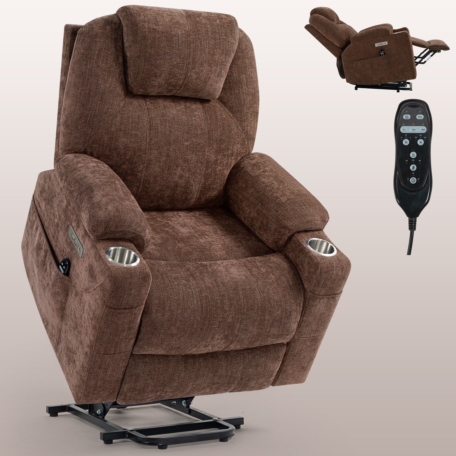 Fauteuil inclinable électrique bleu avec massage 8 points, chauffage lombaire, deux ports USB et porte-gobelets en acier inoxydable