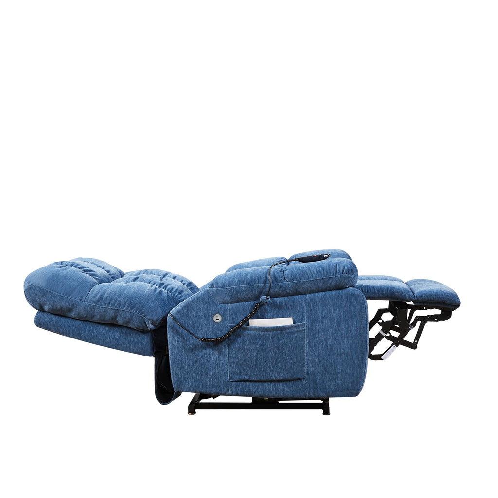 Fauteuil inclinable électrique bleu avec deux moteurs OKIN, massage, chauffage lombaire, réglages réglables, ports USB et poches de rangement