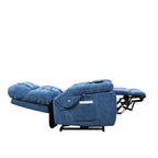 Fauteuil inclinable électrique bleu avec deux moteurs OKIN, massage, chauffage lombaire, réglages réglables, ports USB et poches de rangement