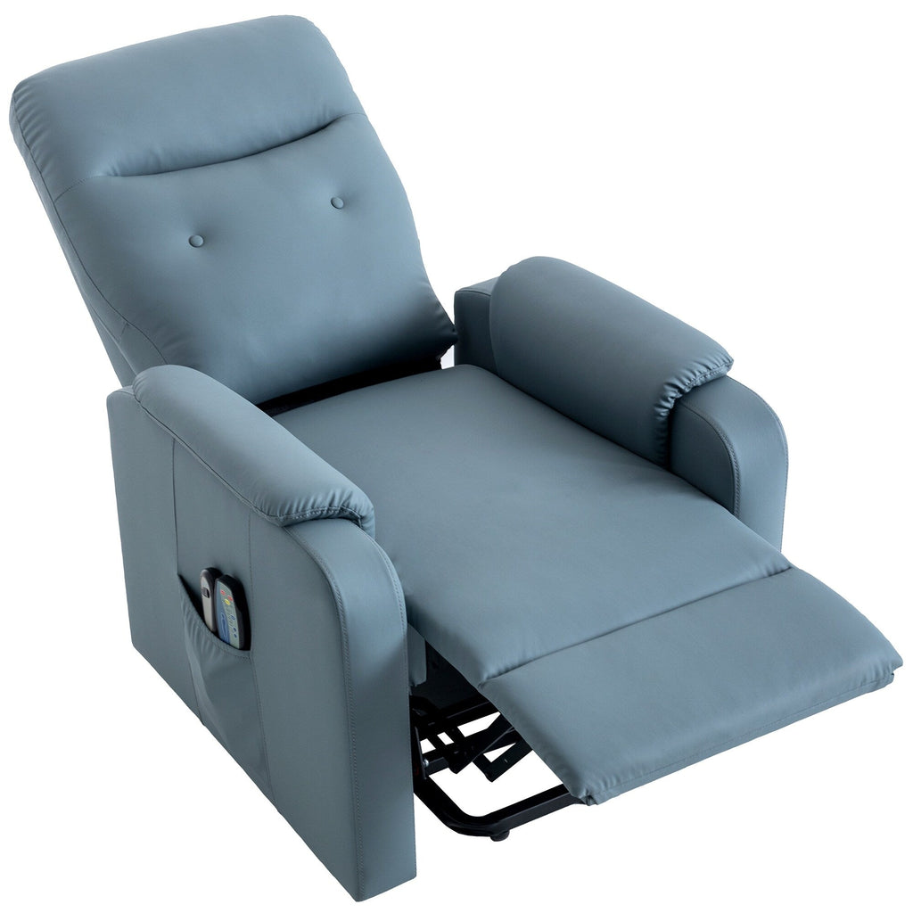 Fauteuil inclinable électrique bleu avec chauffage, massage et poche latérale