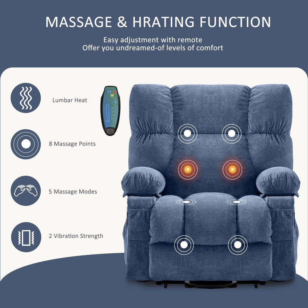 Fauteuil inclinable électrique bleu avec chauffage, massage, chargement USB, poches latérales et télécommande pour plus de commodité
