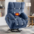 Fauteuil inclinable électrique bleu avec chauffage, massage, chargement USB, poches latérales et télécommande pour plus de commodité