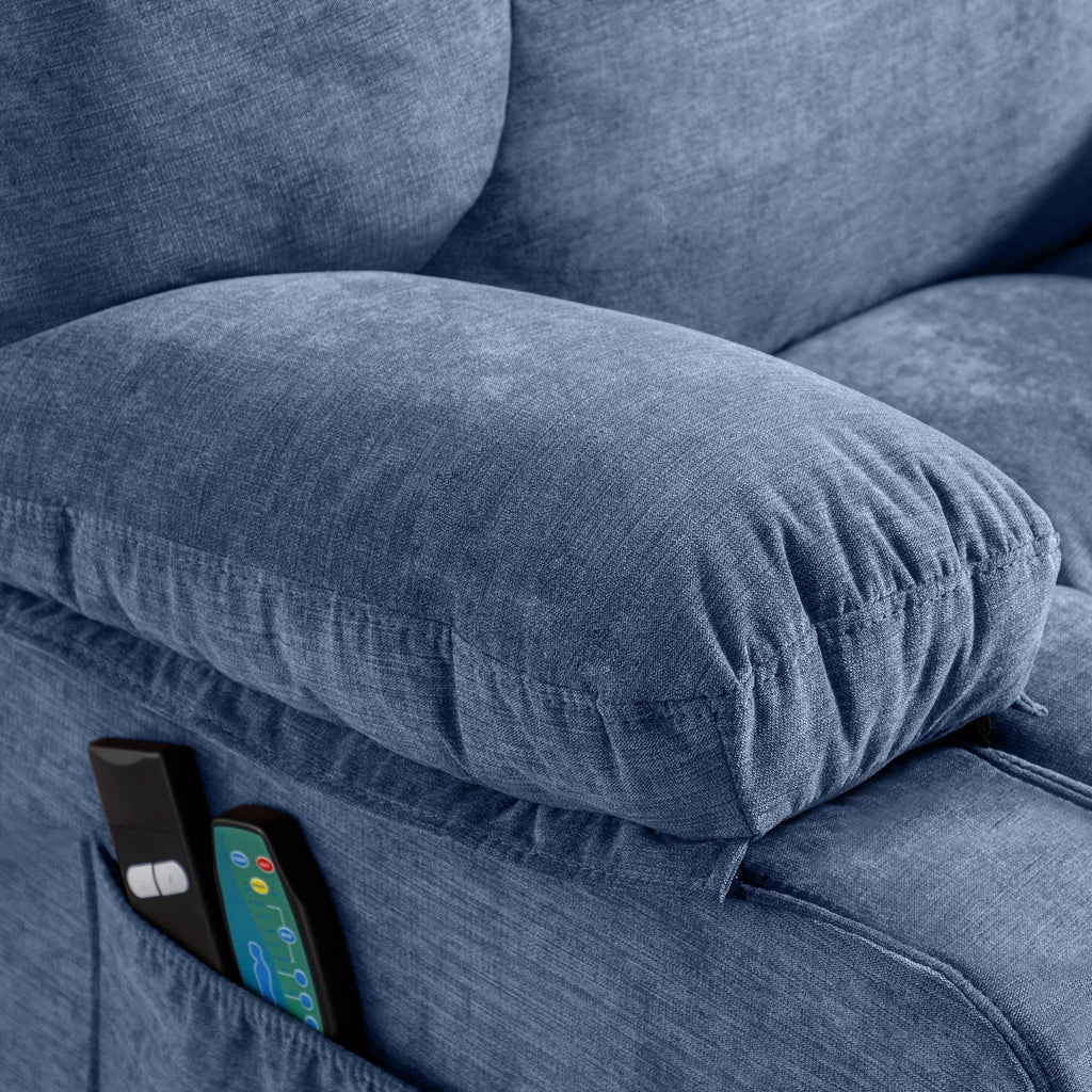 Fauteuil inclinable électrique bleu avec chauffage, massage, chargement USB, poches latérales et télécommande pour plus de commodité