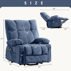 Fauteuil inclinable électrique bleu avec chauffage, massage, chargement USB, poches latérales et télécommande pour plus de commodité
