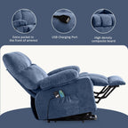 Fauteuil inclinable électrique bleu avec chauffage, massage, chargement USB, poches latérales et télécommande pour plus de commodité