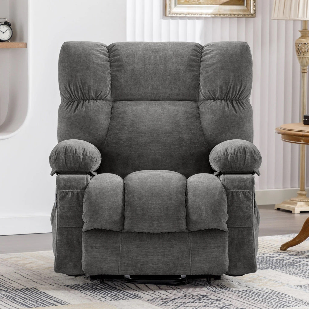 Fauteuil inclinable électrique bleu avec chauffage, massage, chargement USB, poches latérales et télécommande pour plus de commodité