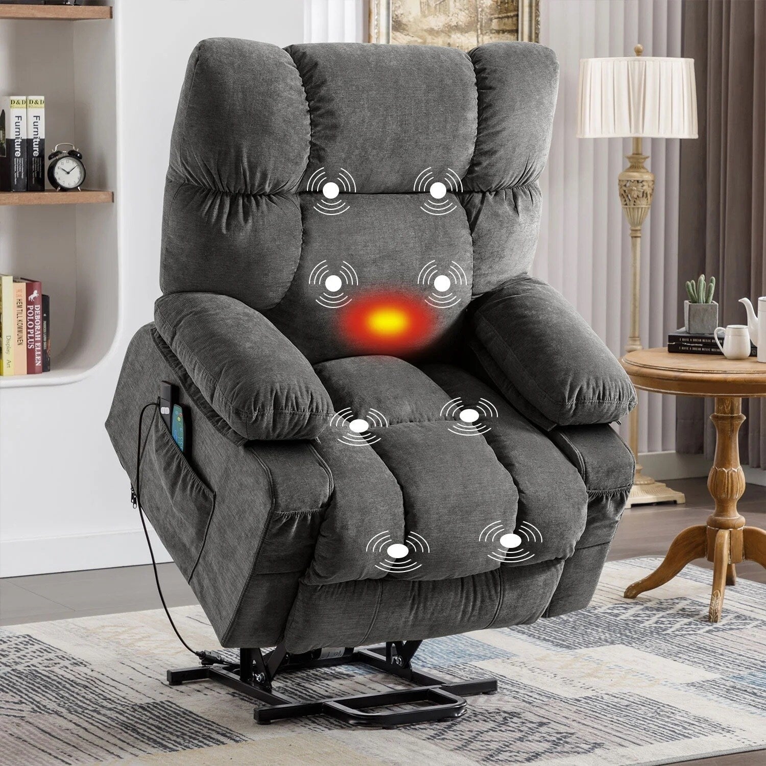Fauteuil inclinable électrique bleu avec chauffage, massage, chargement USB, poches latérales et télécommande pour plus de commodité