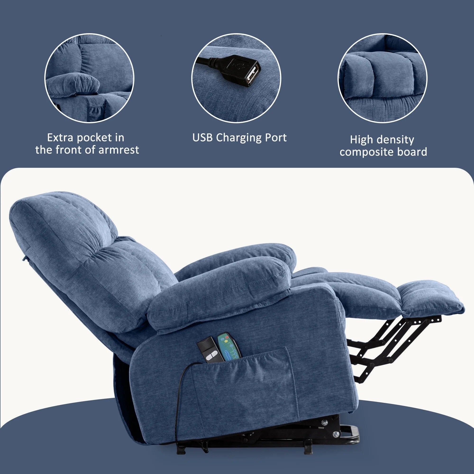 Fauteuil inclinable électrique bleu avec chauffage, massage, chargement USB, rangement latéral et télécommande