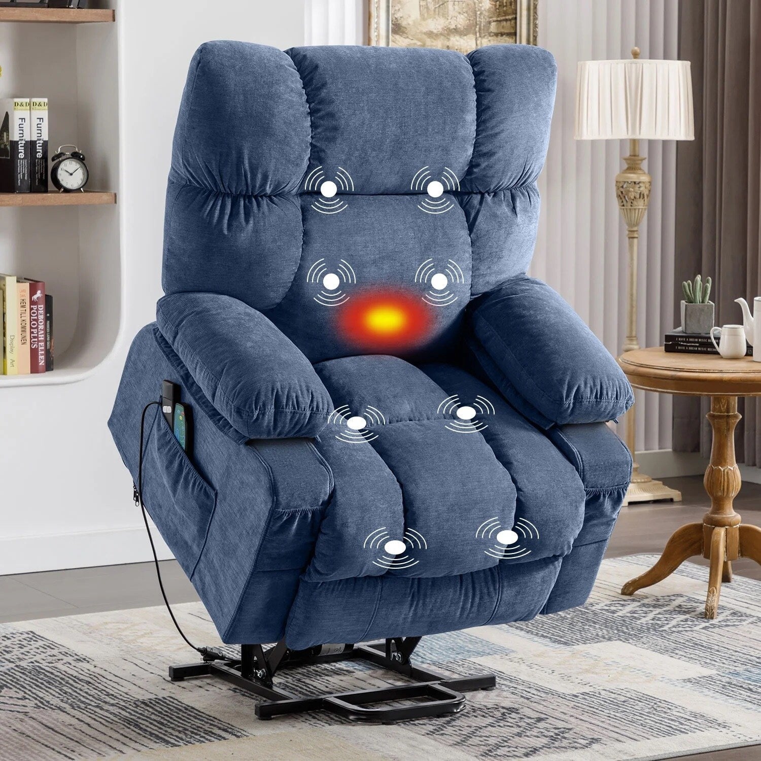 Fauteuil inclinable électrique bleu avec chauffage, massage, chargement USB, rangement latéral et télécommande