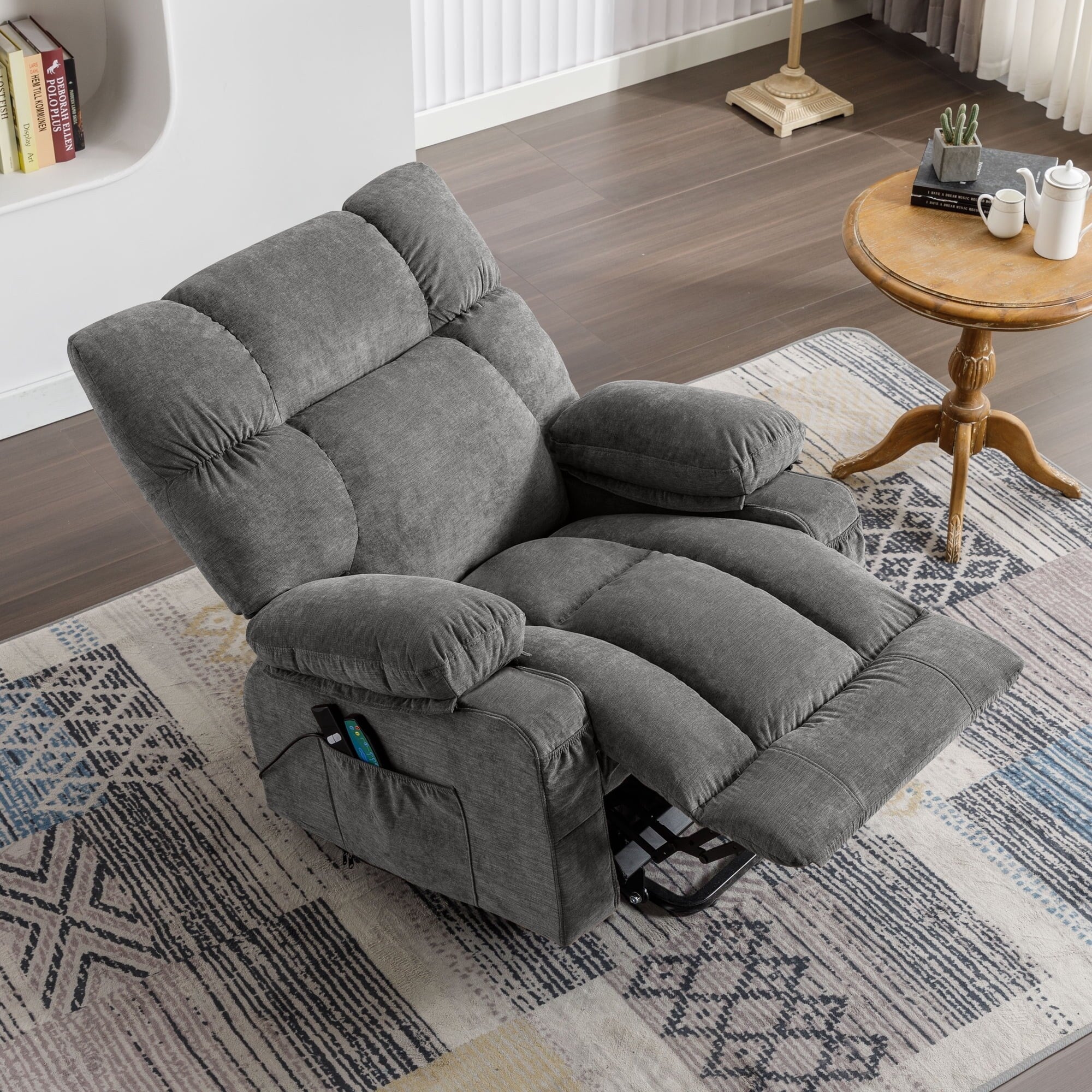 Fauteuil inclinable électrique bleu avec chauffage, massage, chargement USB, rangement latéral et télécommande