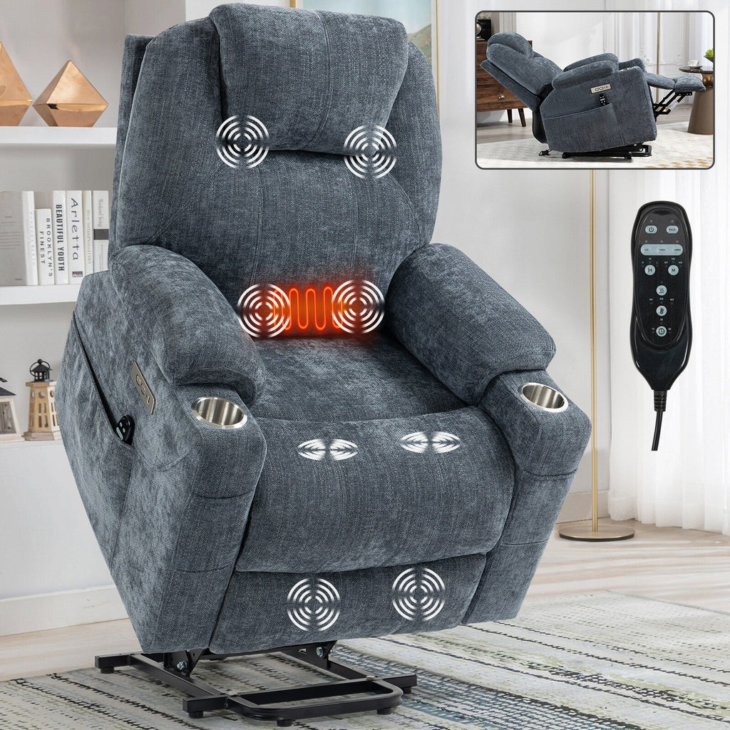 Fauteuil inclinable électrique bleu avec massage, chauffage et porte-gobelets