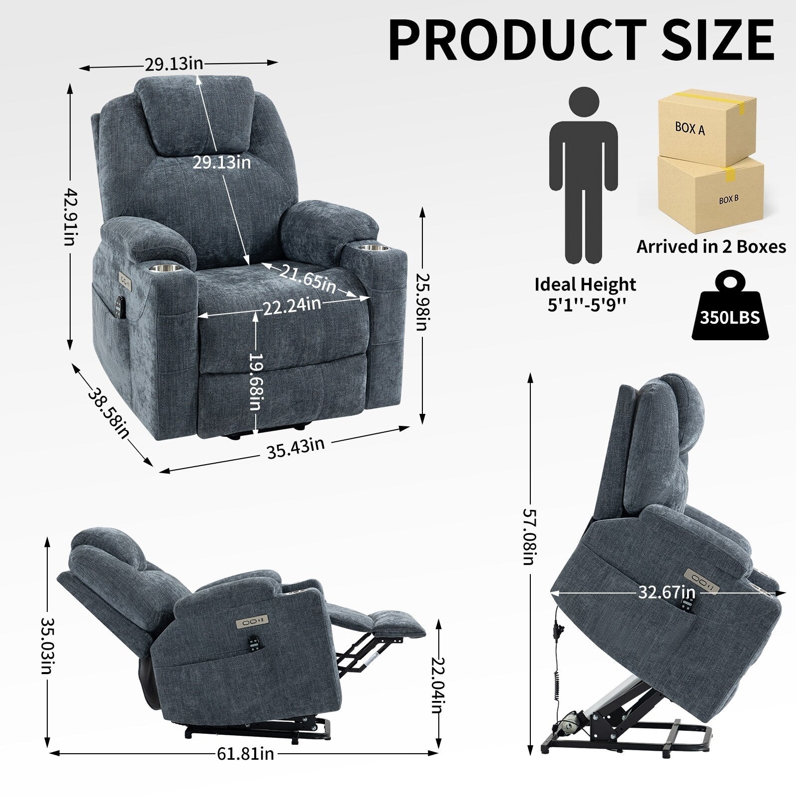 Fauteuil inclinable électrique bleu avec massage, chauffage et porte-gobelets