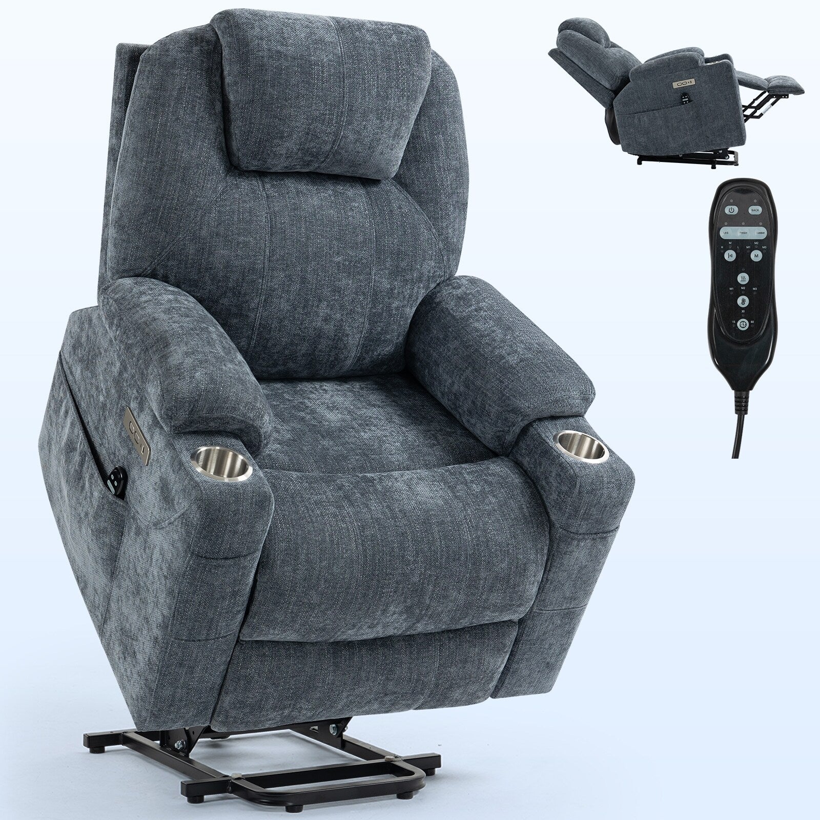Fauteuil inclinable électrique bleu avec massage, chauffage et porte-gobelets