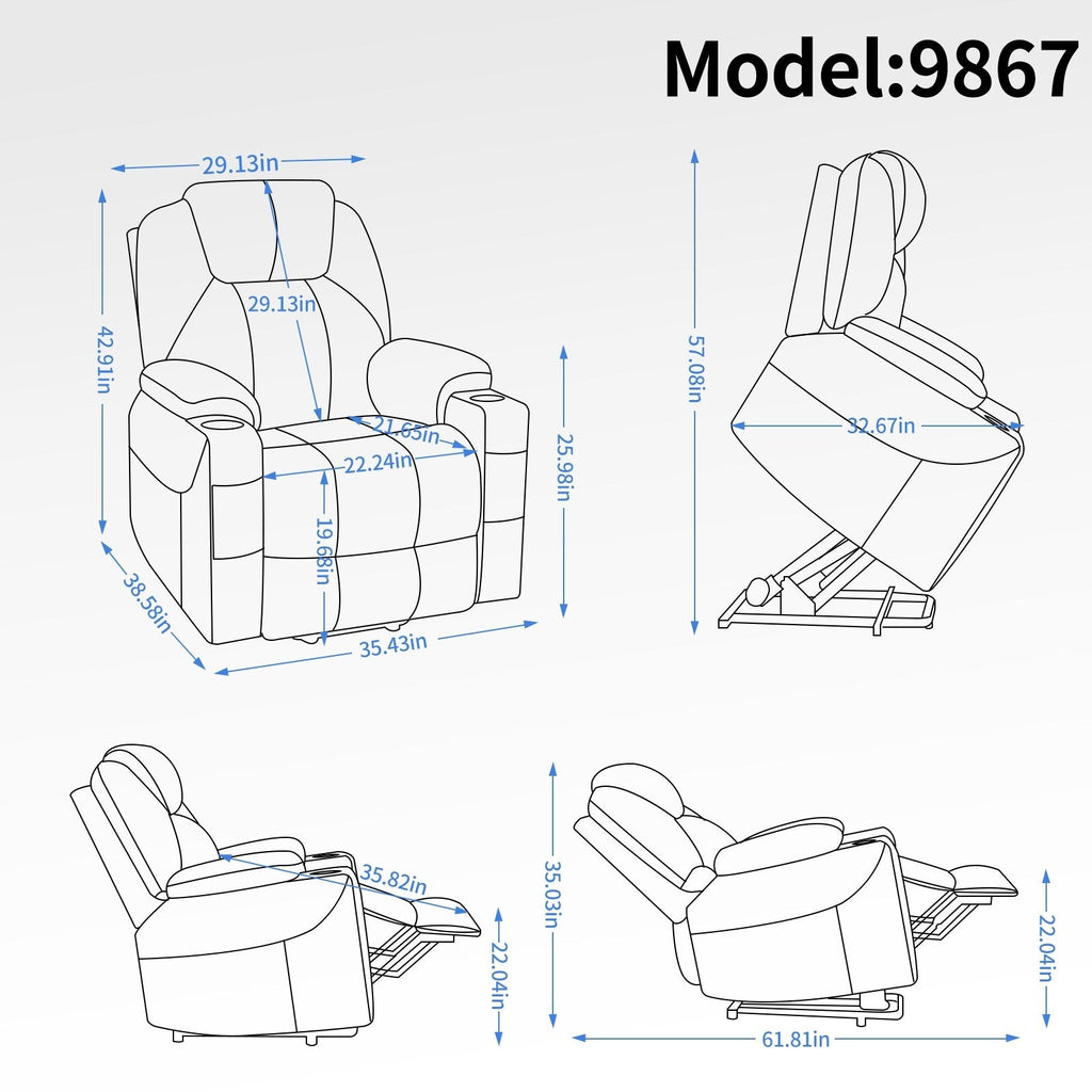Fauteuil inclinable électrique bleu avec massage, chauffage et porte-gobelets