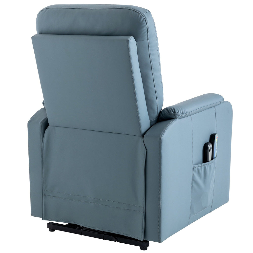 Fauteuil inclinable électrique bleu avec massage, chauffage, poches latérales et design confortable pour adultes et seniors