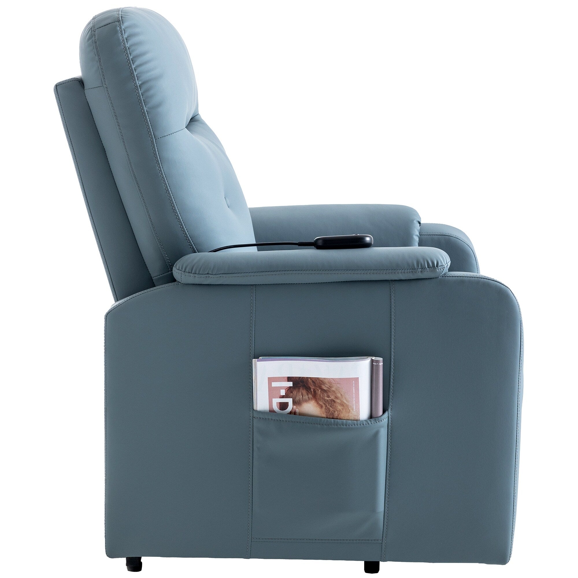 Fauteuil inclinable électrique bleu avec massage, chauffage et poche latérale
