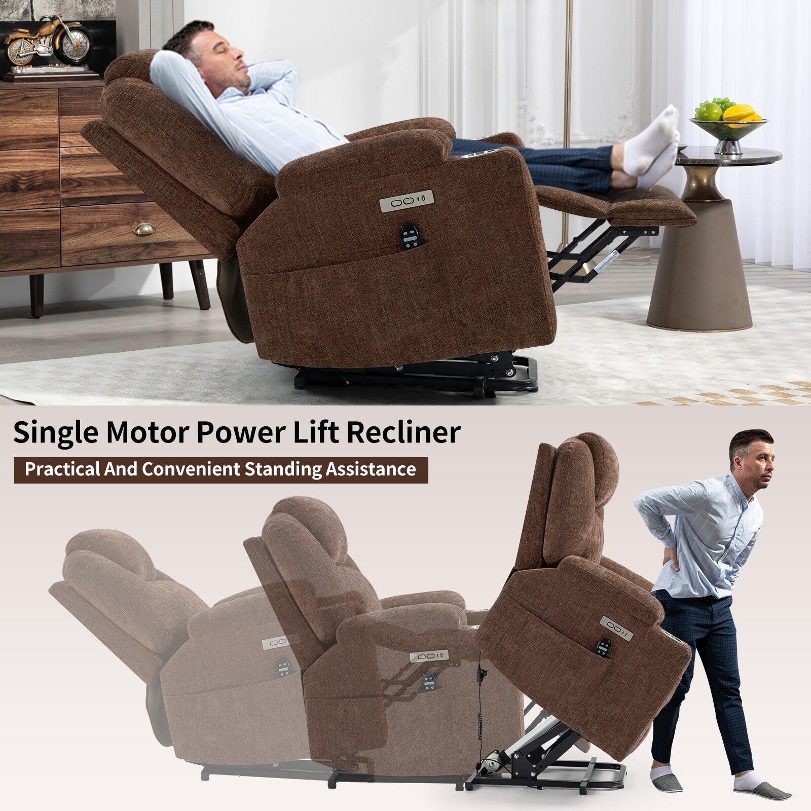 Fauteuil inclinable électrique bleu avec massage par vibration, chauffage, port USB et porte-gobelets