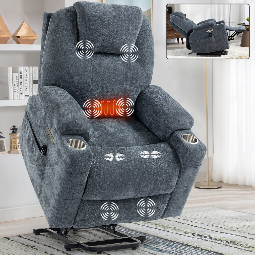Fauteuil inclinable électrique bleu avec massage par vibration, chauffage, port USB et porte-gobelets