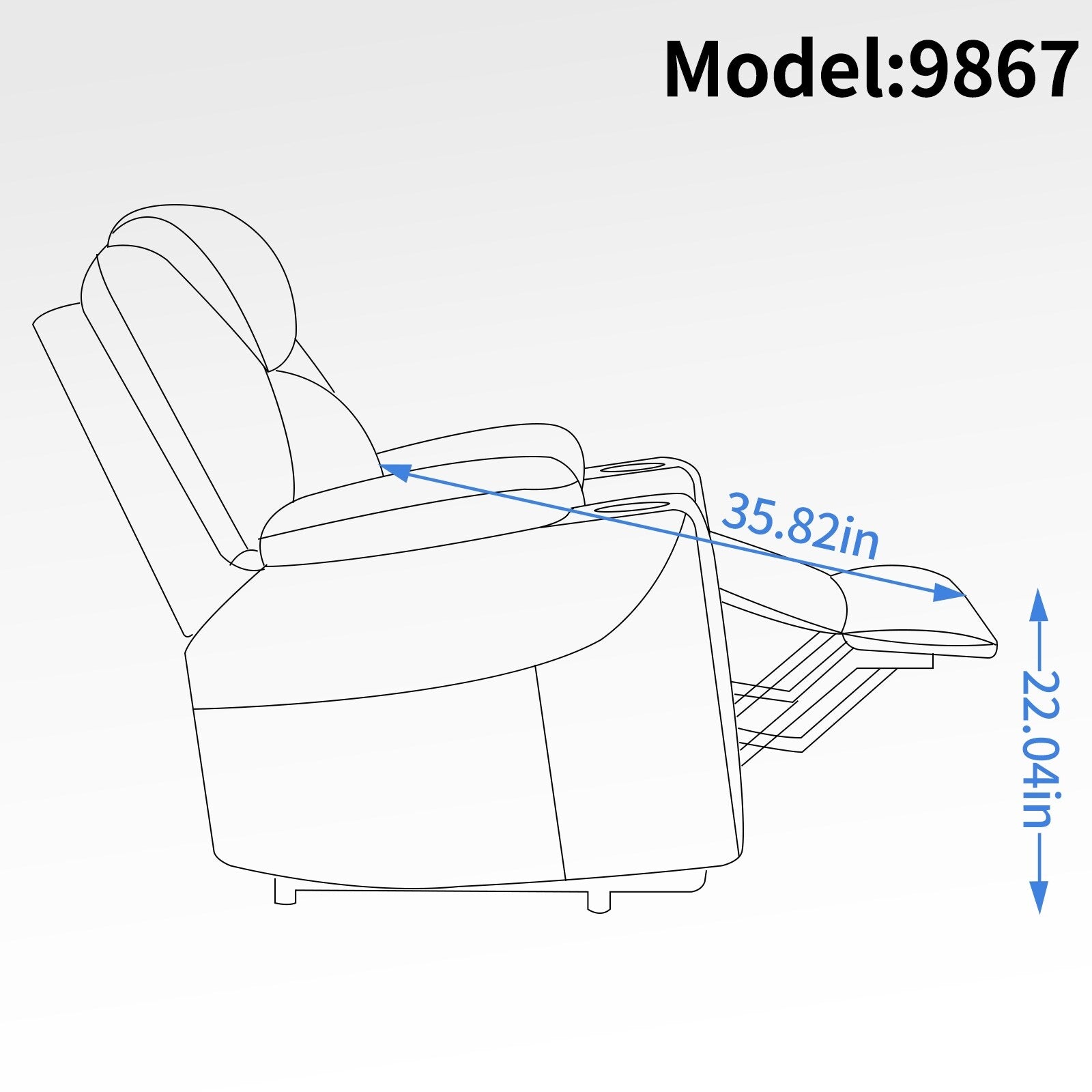 Fauteuil inclinable bleu avec massage par vibrations à 8 points, chauffage lombaire, deux ports USB et porte-gobelets en acier inoxydable