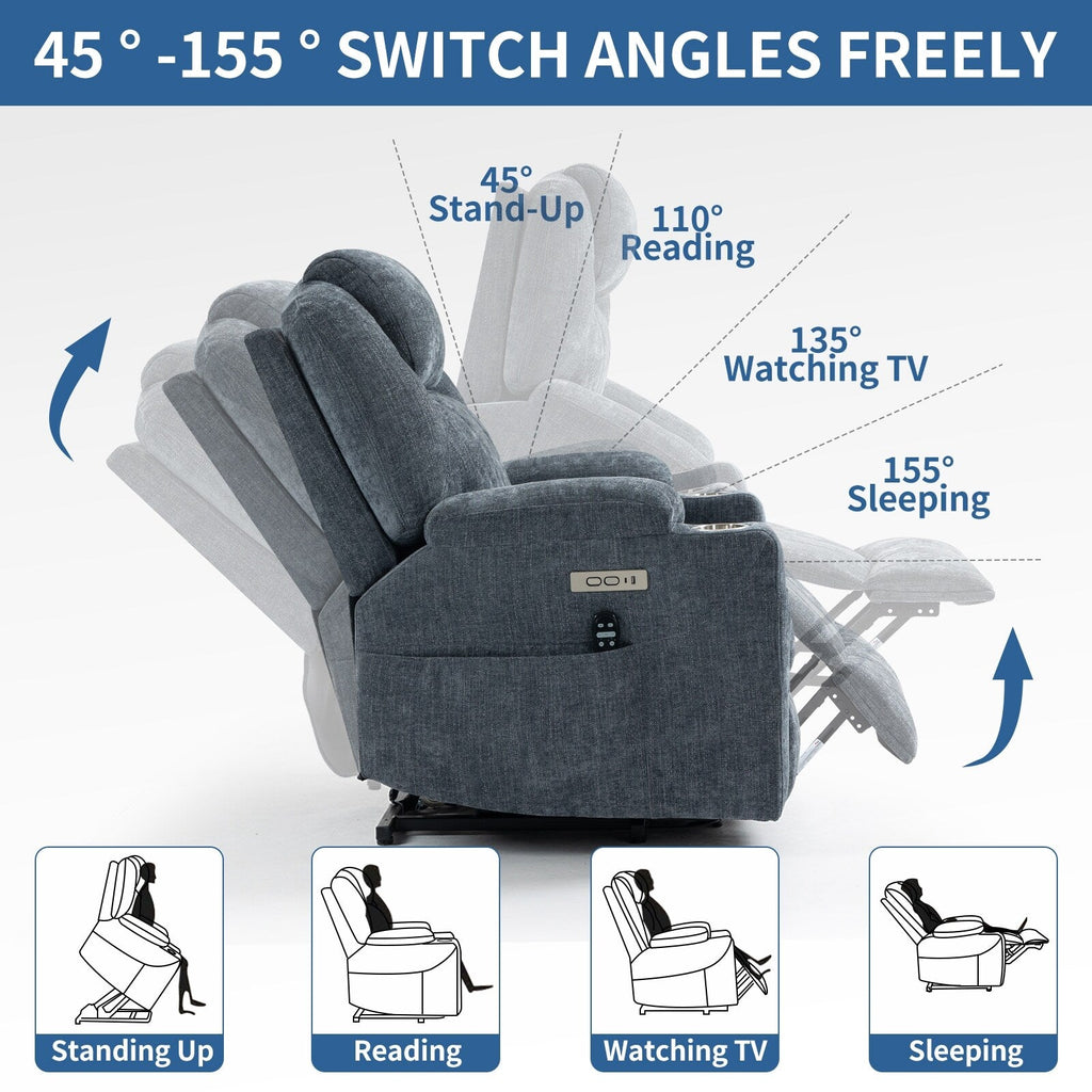 Fauteuil inclinable bleu avec massage par vibrations à 8 points, chauffage lombaire, deux ports USB et porte-gobelets en acier inoxydable
