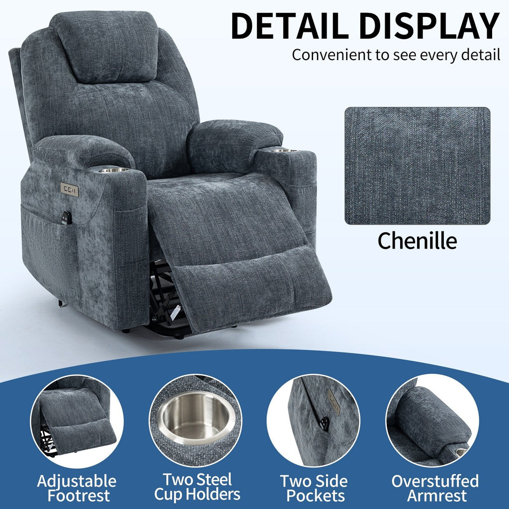 Fauteuil inclinable bleu avec massage par vibrations à 8 points, chauffage lombaire, deux ports USB et porte-gobelets en acier inoxydable