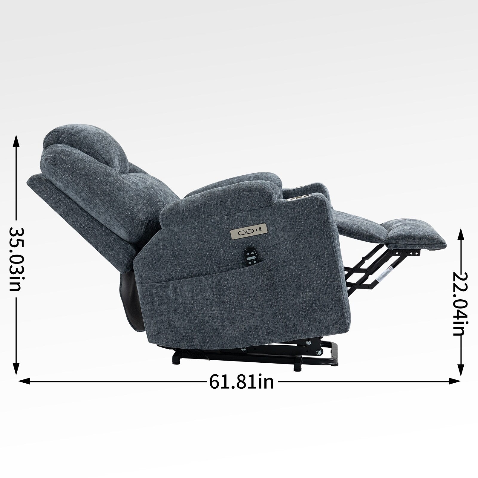 Fauteuil inclinable bleu avec massage par vibrations à 8 points, chauffage lombaire, deux ports USB et porte-gobelets en acier inoxydable
