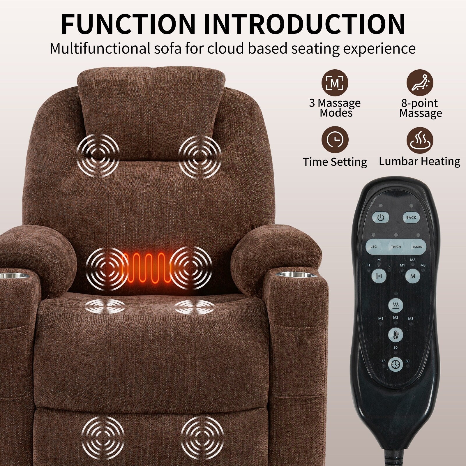 Fauteuil inclinable bleu avec massage par vibrations à 8 points, chauffage lombaire, deux ports USB et porte-gobelets en acier inoxydable