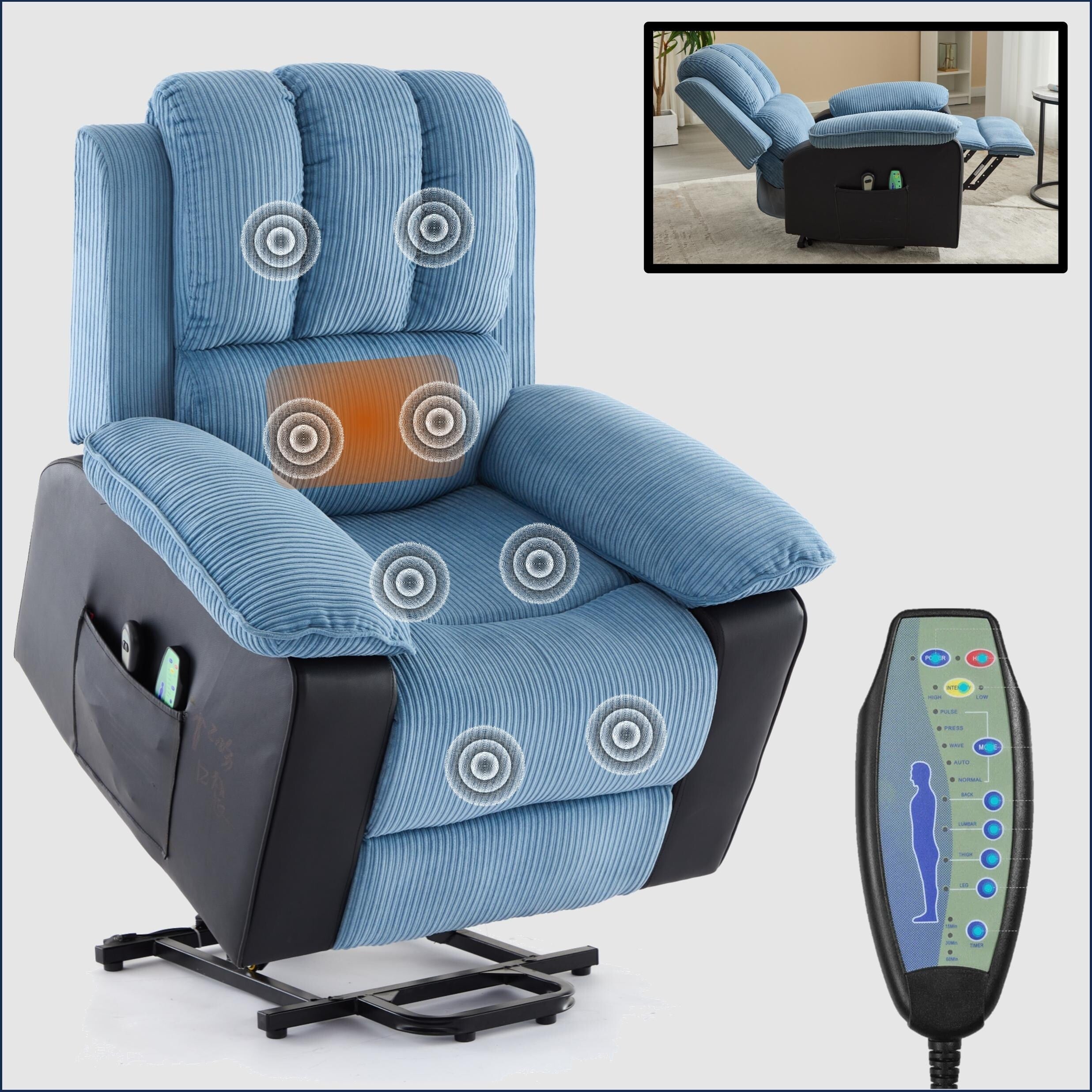 Fauteuil inclinable bleu chauffant, 8 moteurs de massage, design moderne et grand confort pour une détente ultime