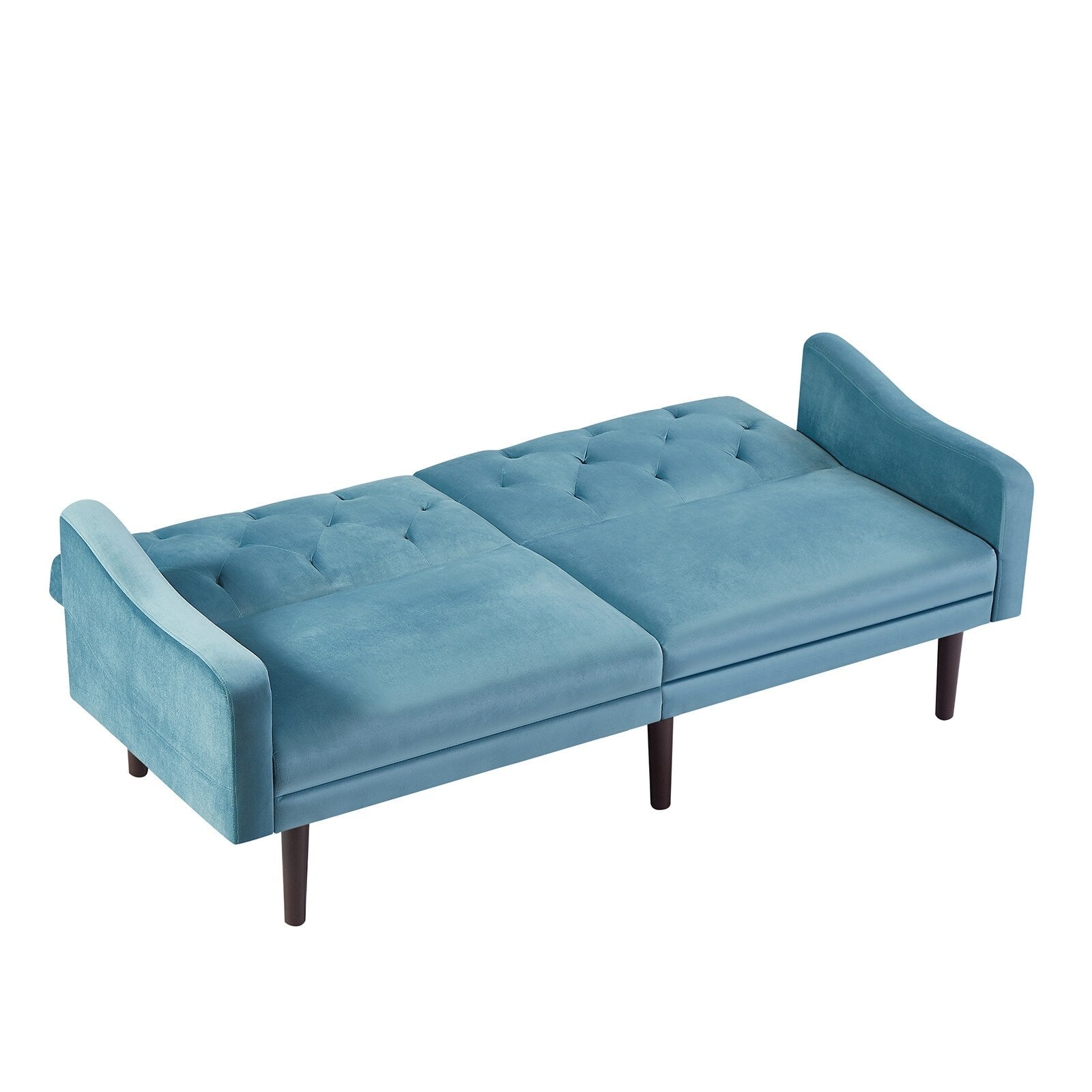 Canapé-lit 3 places en velours bleu avec coussins décoratifs et cadre en bois