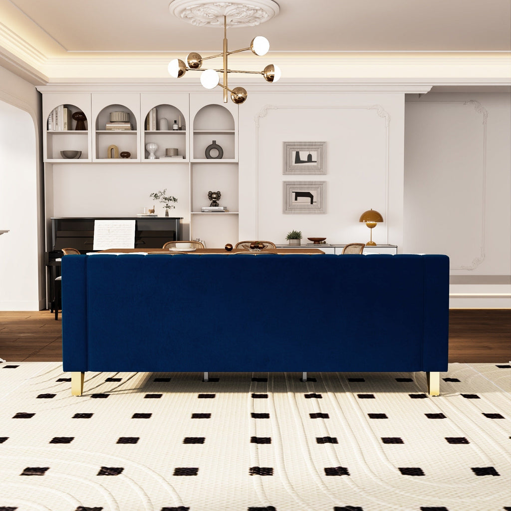 Canapé 3 places en velours bleu avec touches dorées