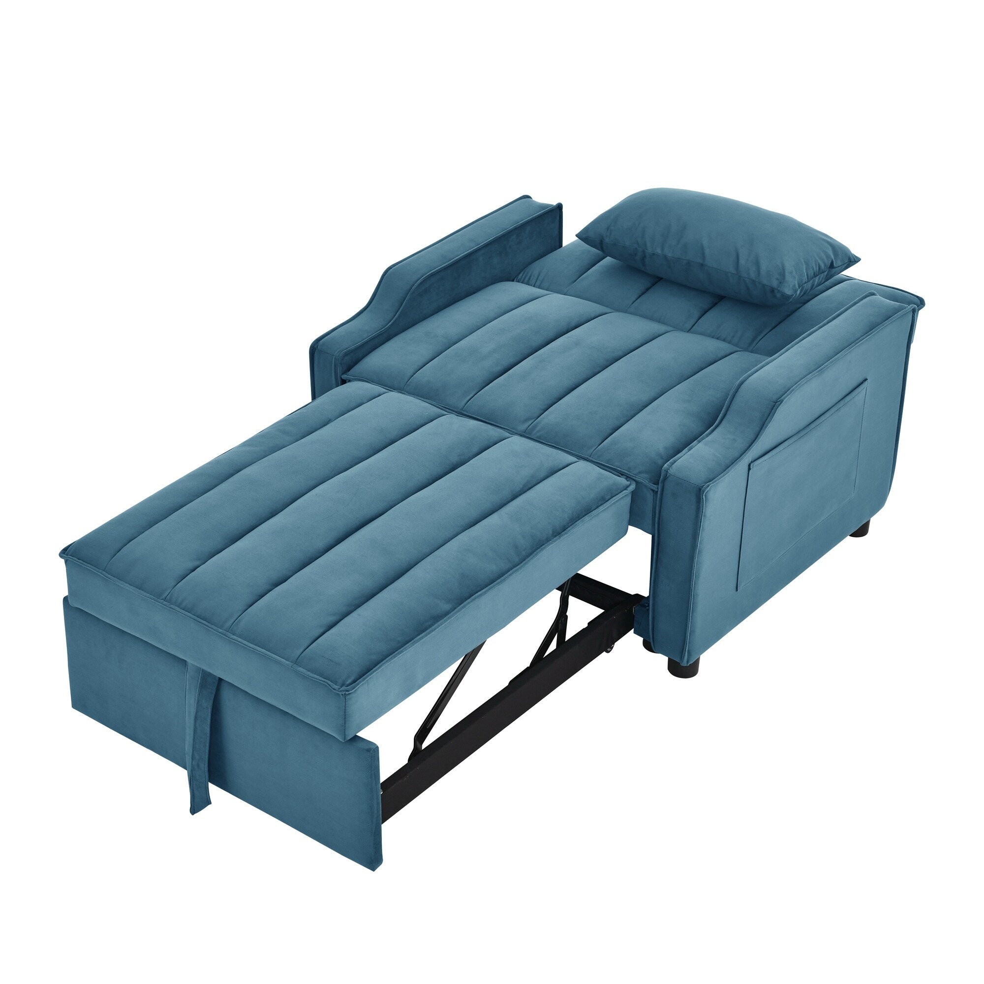 Canapé-lit simple convertible en velours bleu 35,5 avec lit gigogne, poche de rangement et oreillers