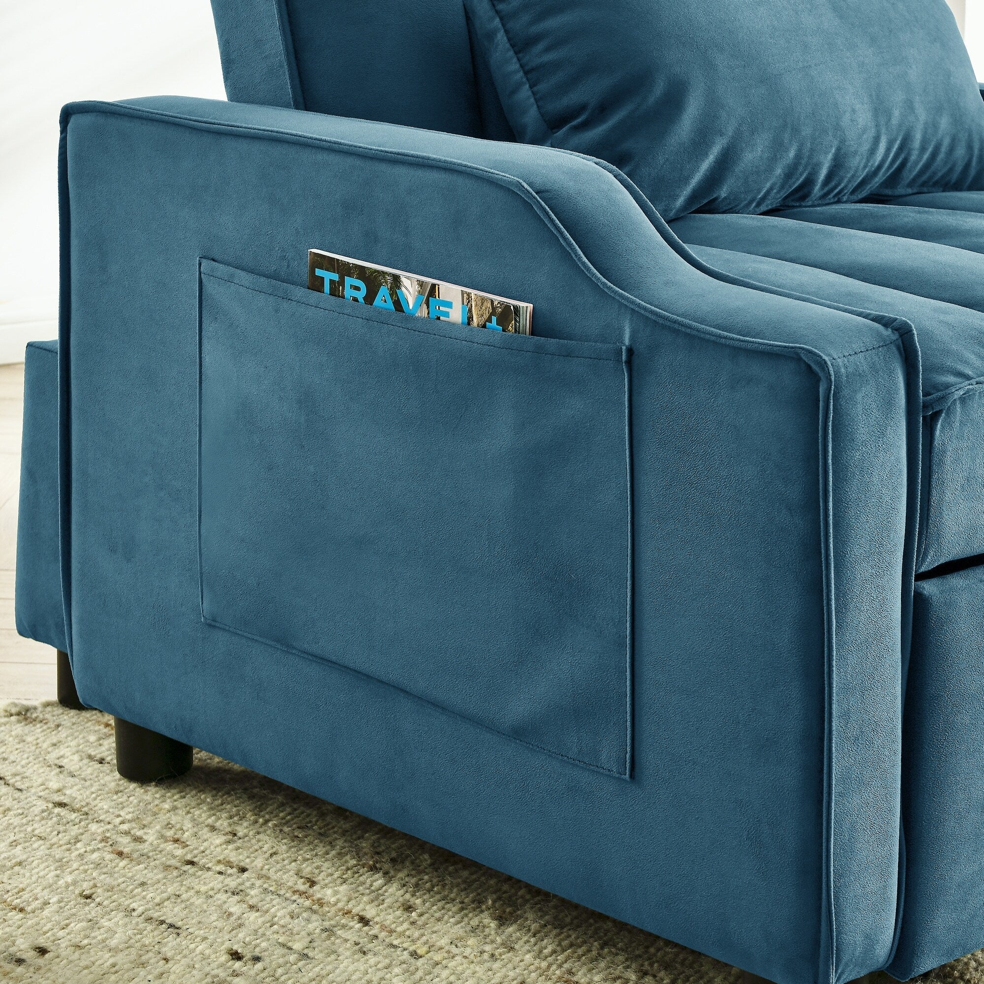 Canapé-lit simple convertible en velours bleu 35,5 avec lit gigogne, poche de rangement et oreillers